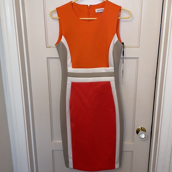 CALVIN KLEIN COLORBLOCK SCUBA BANDAGE SHIFT DRESS SZ 2 SUMMER ORANGE PINK - Picture 2 of 9